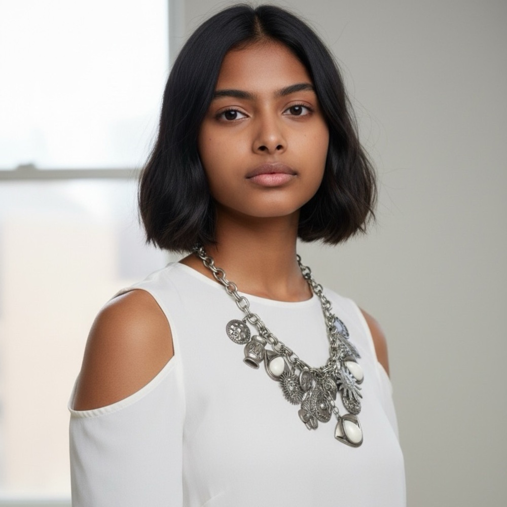 Silver Charm Necklace with Cream Accents